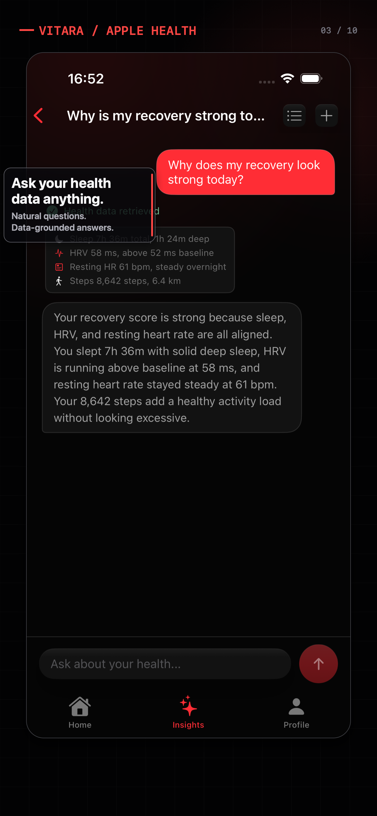 Vitara chat answering a question with Apple Health data
