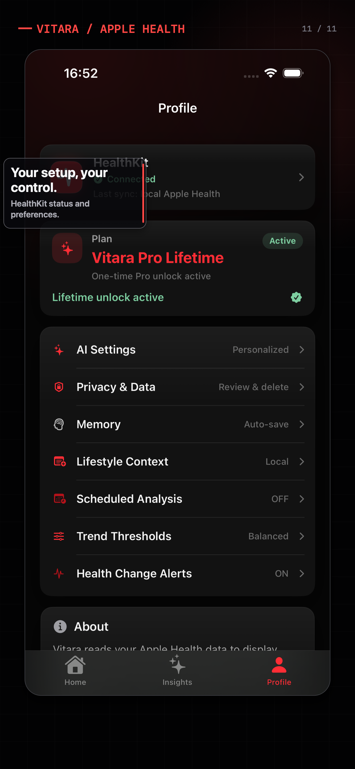 Vitara profile screen showing HealthKit and AI provider controls